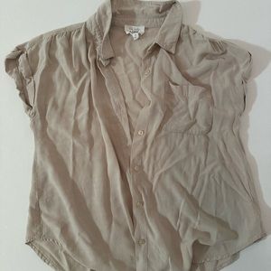 Tan linen cap sleeve button up shirt